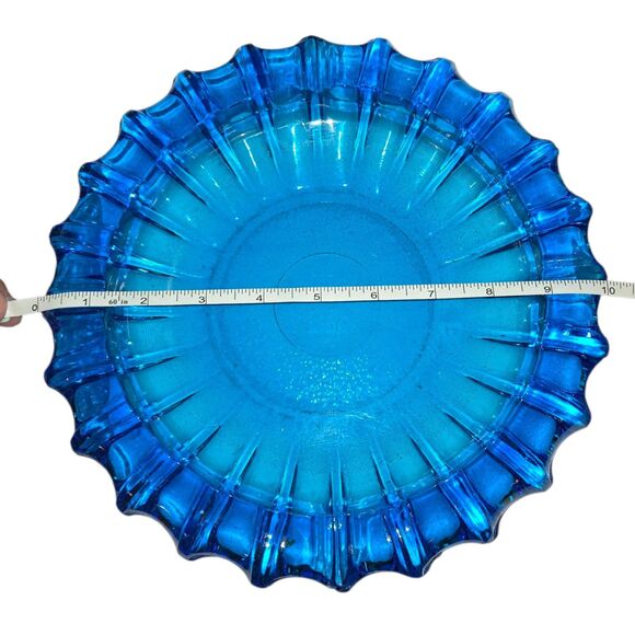 Unmarked VTG MCM Cobalt Blue Art Glass Heavy Scalloped Round Ashtray 10"D READ - Picture 5 of 8
